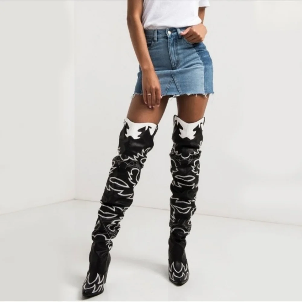 Cape Robbin Kelsey Thigh High Over The Knee Cowboy Boots Blk & White New Size 6